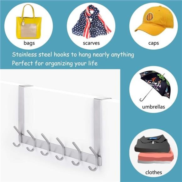 Over The Door Hooks, Stainless Steel Heavy Duty Over Door Hanger Holder Coat Hat - Picture 7 of 7